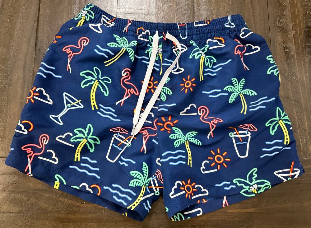 Chubbies Men’s M Neon Flamingo Palm Tree Tropical Swim Trunks Navy - M - EUC